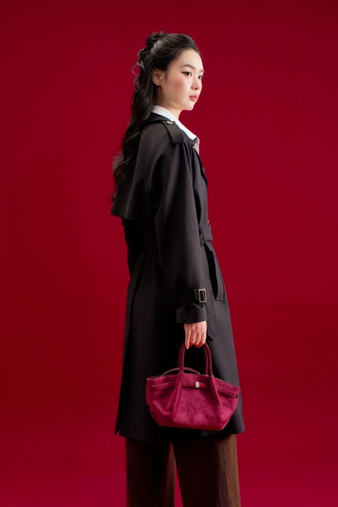 Áo trench coat dáng dài khaki đen