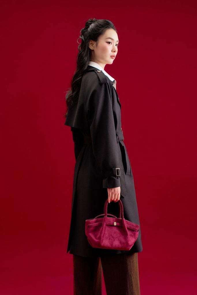 Áo trench coat lửng khaki ghi đậm