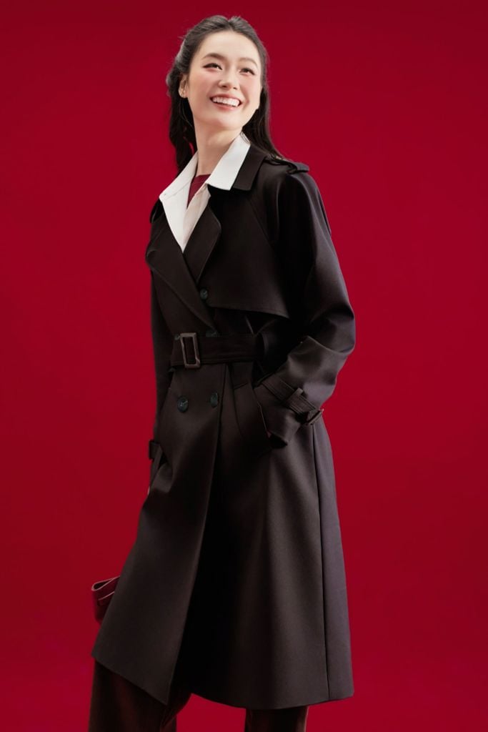 Áo trench coat dáng dài khaki đen