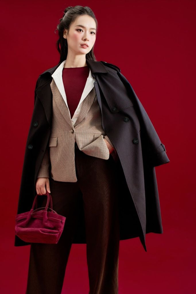 Áo trench coat dáng dài khaki đen