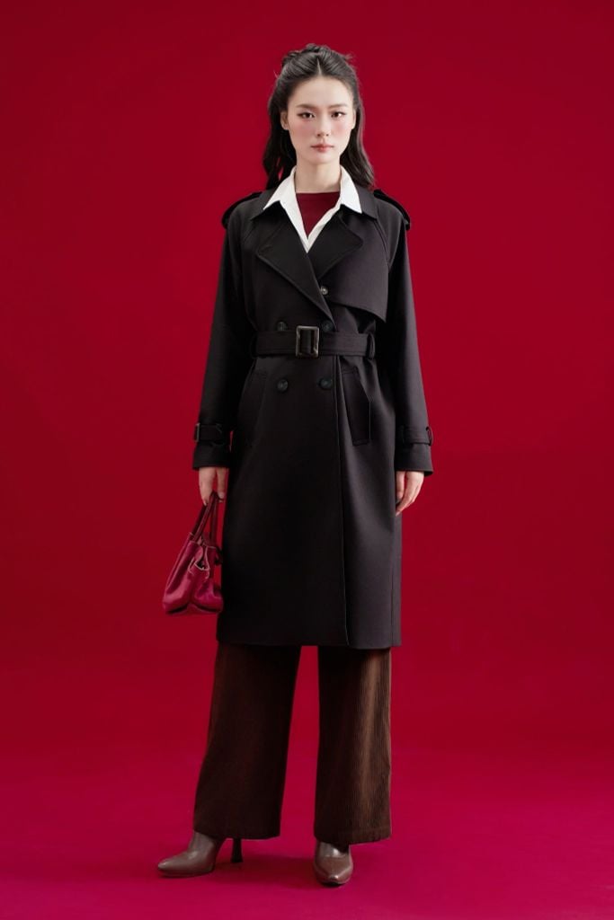 Áo trench coat dáng dài khaki đen