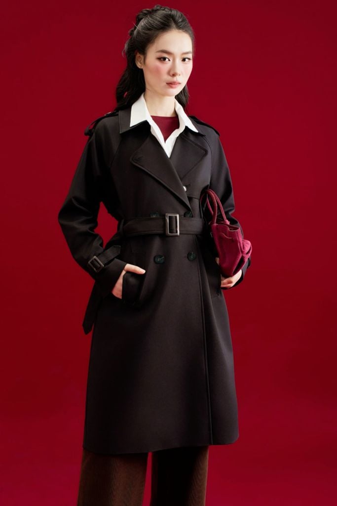 Áo trench coat lửng khaki ghi đậm