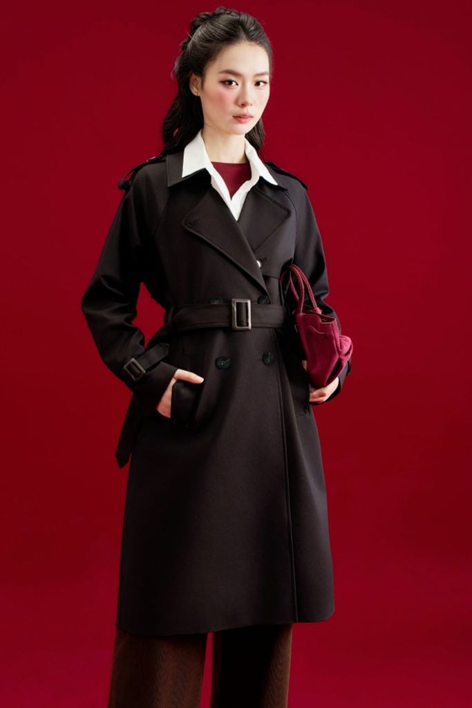 Áo trench coat dáng dài khaki đen