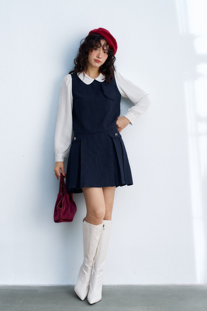 Top navy cổ vic tay phối