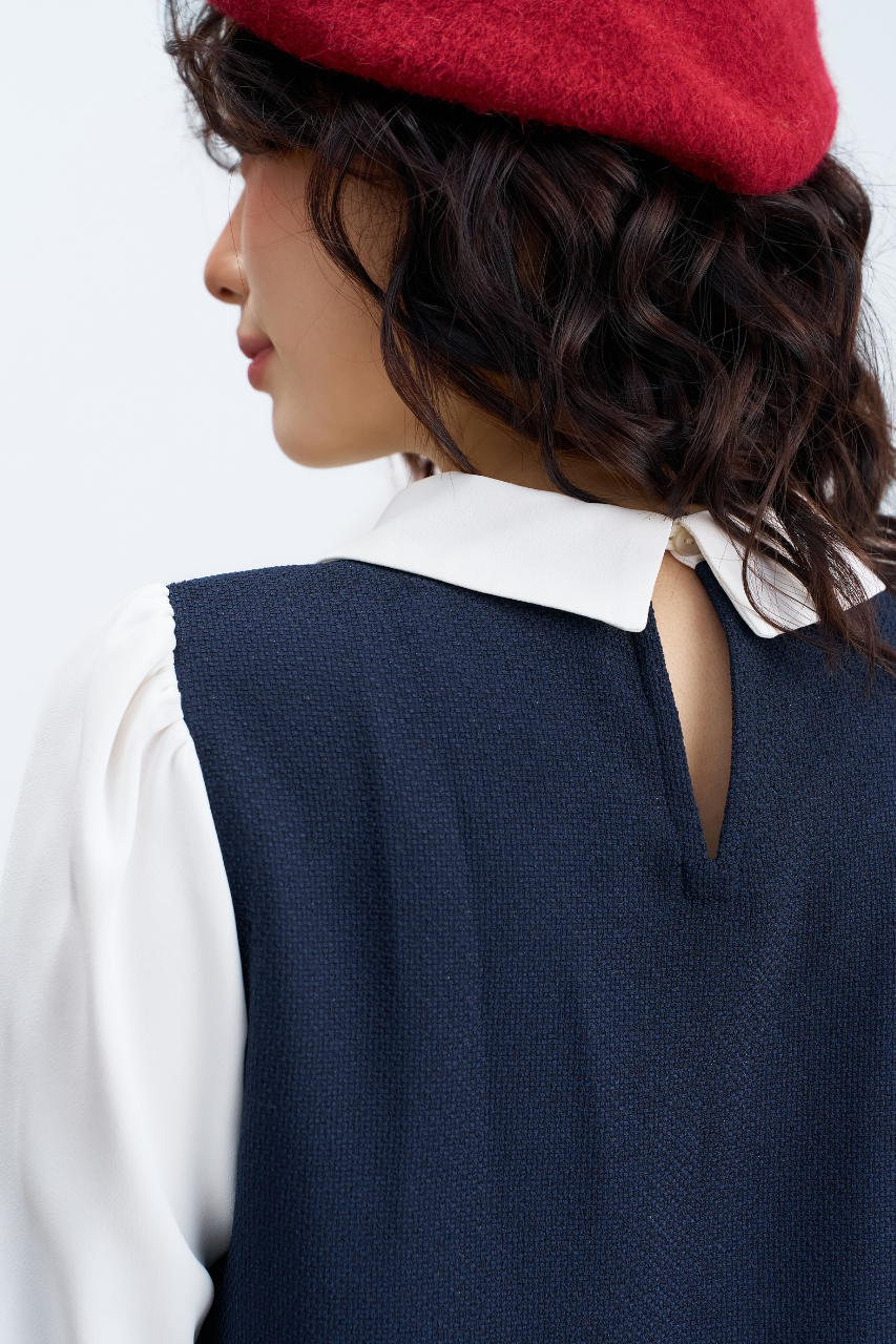 Top navy cổ vic tay phối