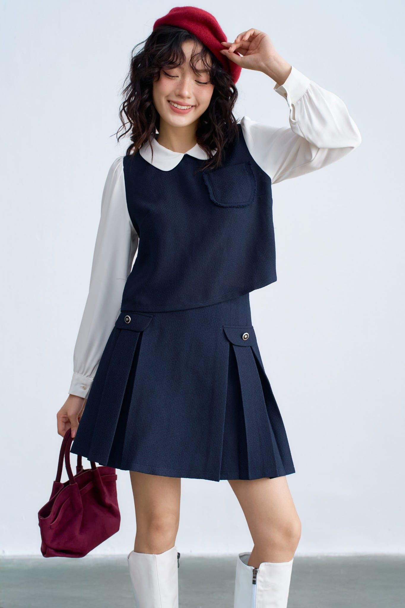 Top navy cổ vic tay phối