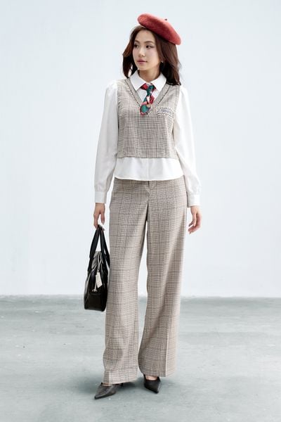 Quần suông houndstooth nâu