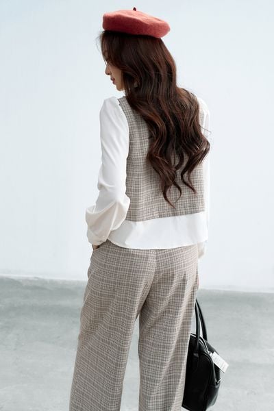 Quần suông houndstooth nâu