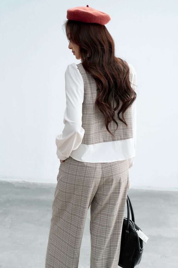 Sơ mi houndstooth nâu phối cổ đức
