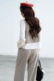  Sơ mi houndstooth nâu phối cổ đức 