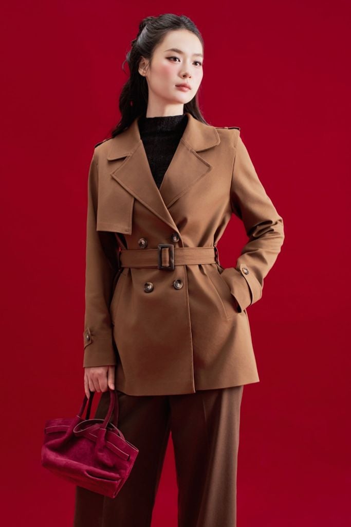 Áo trench coat lửng khaki nâu chocolate