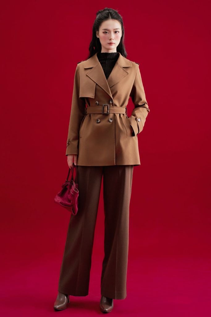Áo trench coat lửng khaki nâu chocolate
