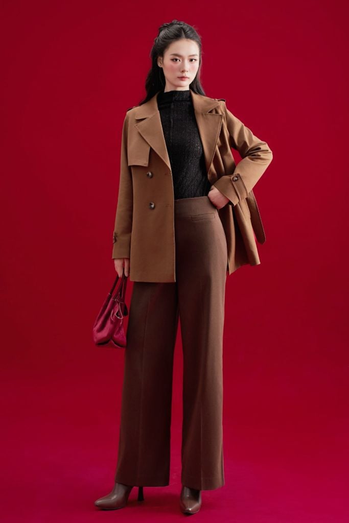 Áo trench coat lửng khaki nâu chocolate