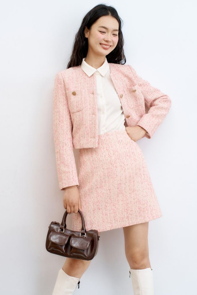 Chân váy A tweed hồng hạt nổi