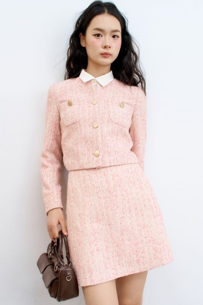 Blazer tweed hồng hạt nổi