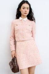  Chân váy A tweed hồng hạt nổi 