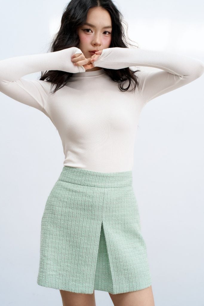 Chân váy A tweed xanh mint kim tuyến