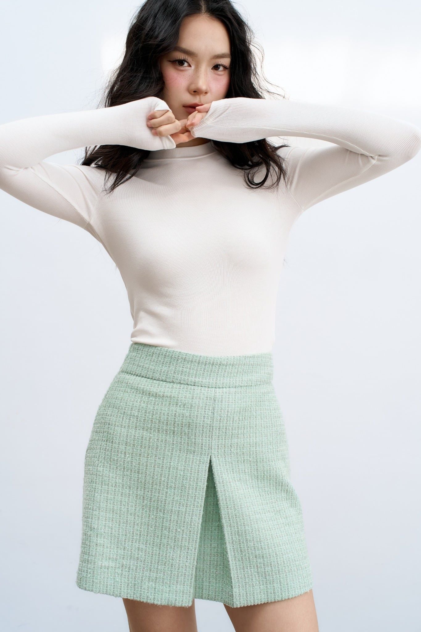 Chân váy A tweed xanh mint kim tuyến