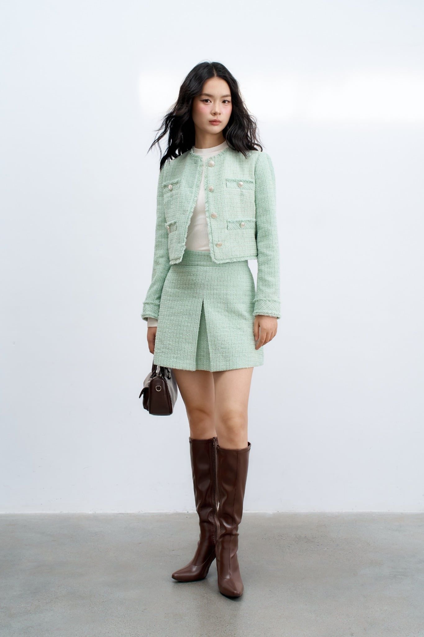 Chân váy A tweed xanh mint kim tuyến