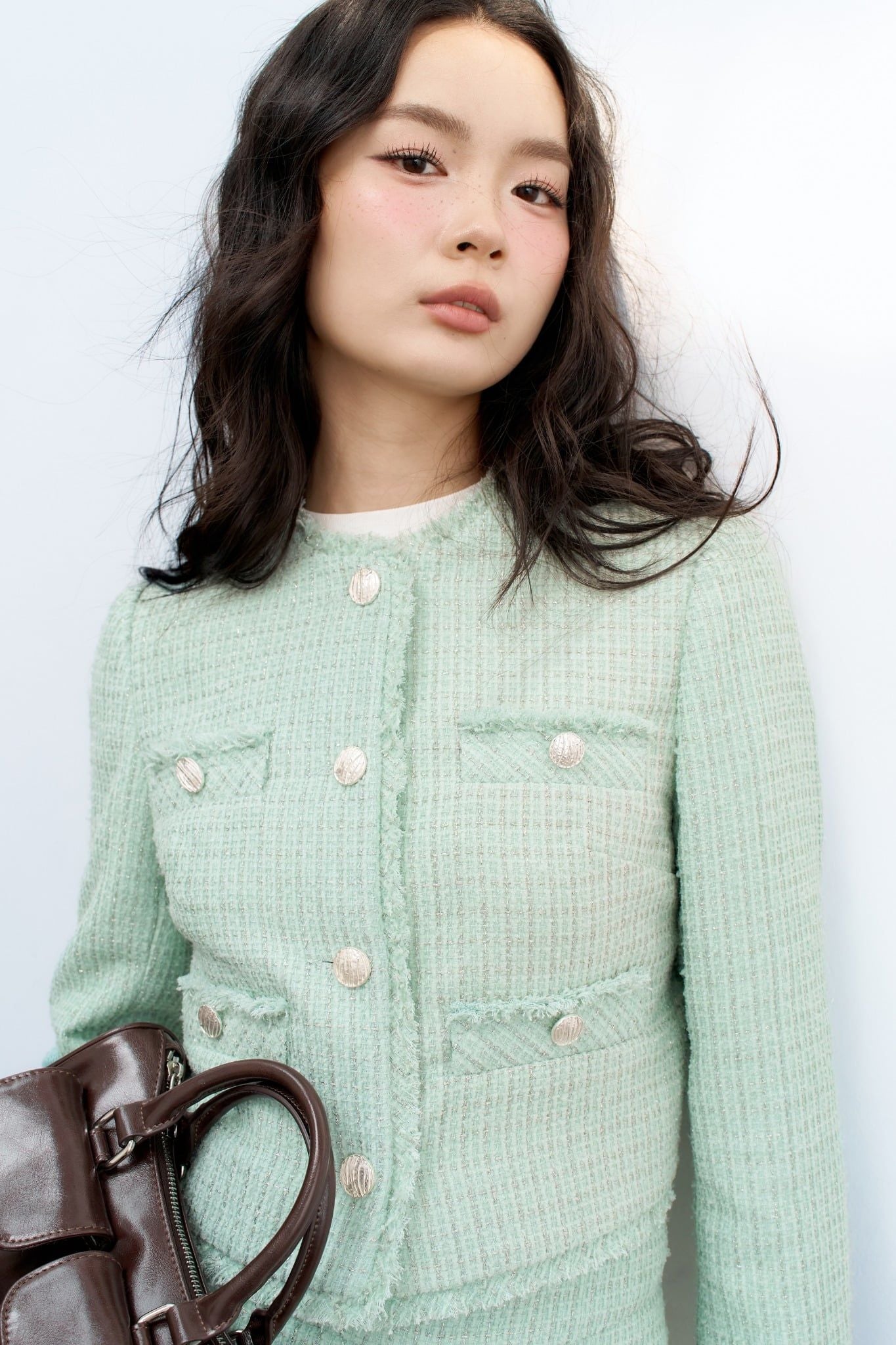 Blazer tweed xanh mint kim tuyến 4 cơi rua