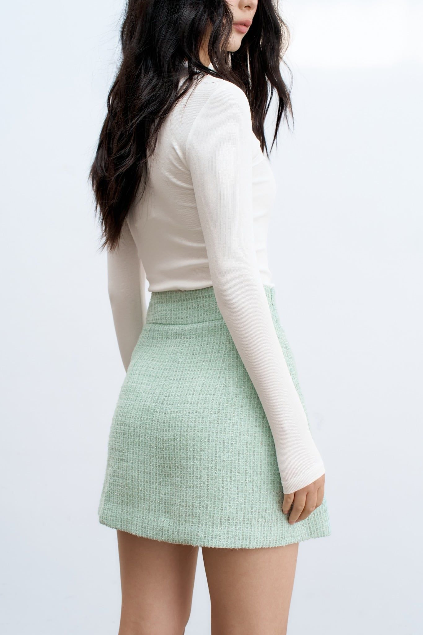 Chân váy A tweed xanh mint kim tuyến