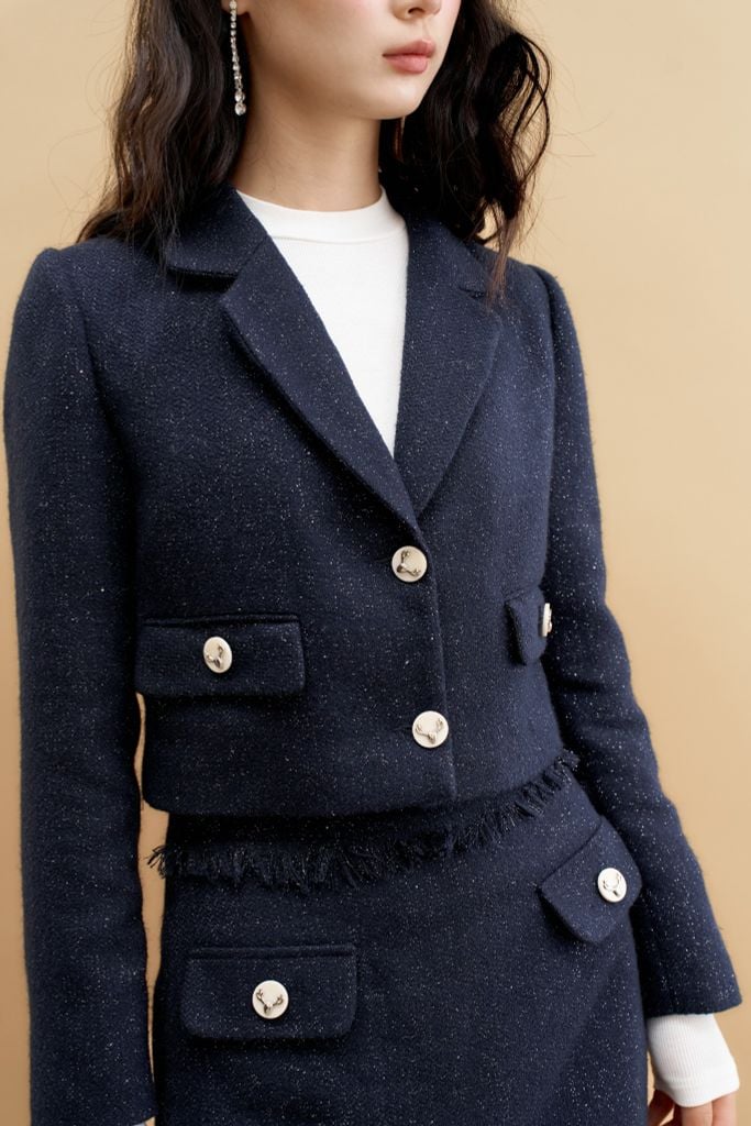 Blazer tweed navy cổ 2 ve