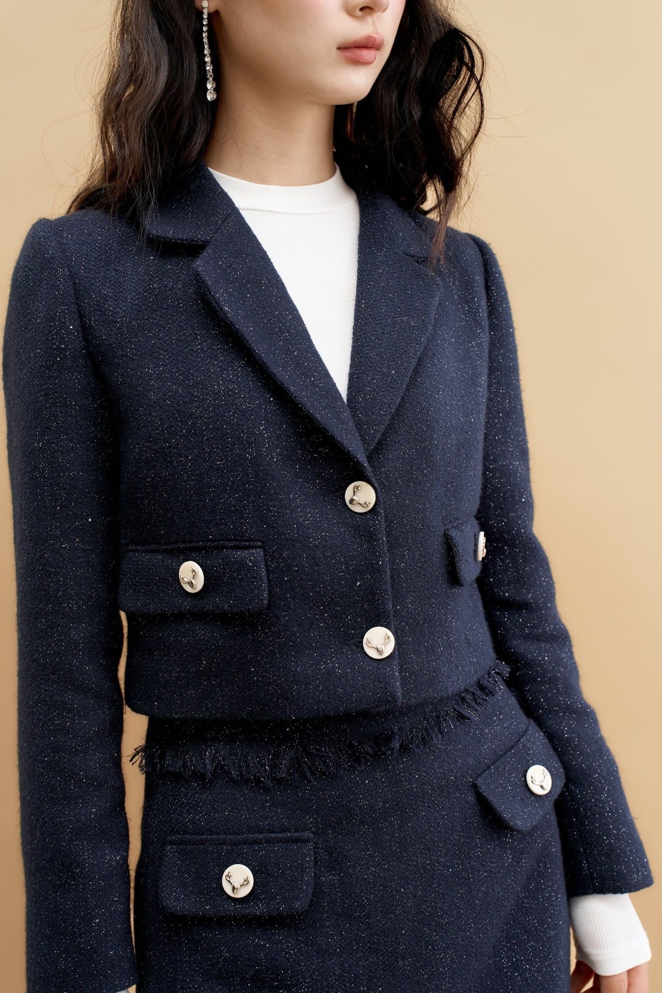 Blazer tweed navy cổ 2 ve