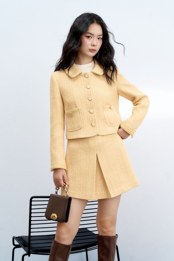 Chân váy mini tweed vàng xếp ly giữa
