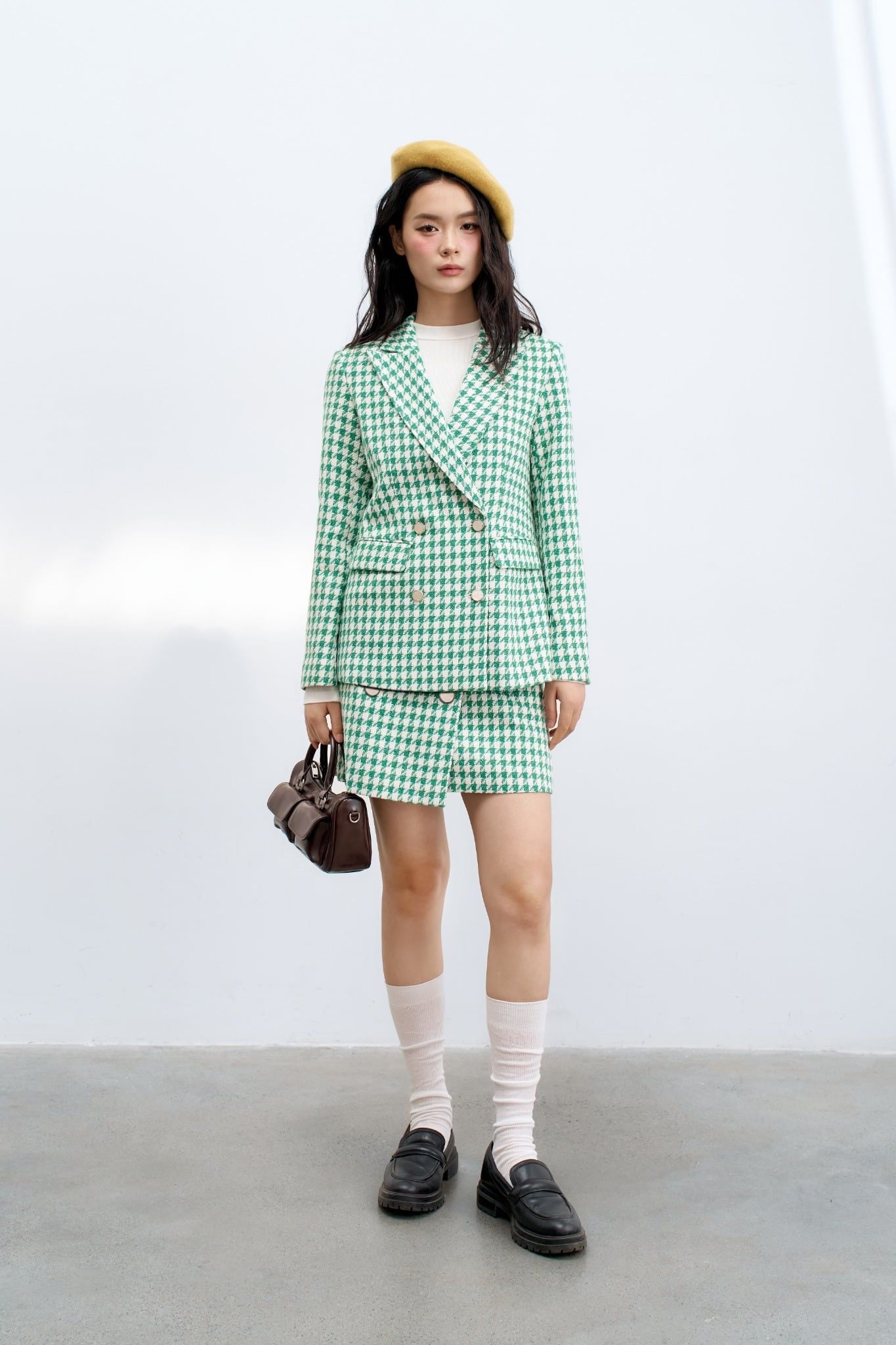 Blazer tweed dài ziczac xanh