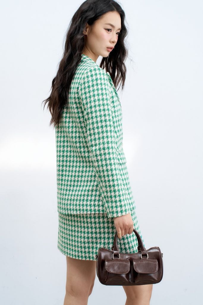 Blazer tweed dài ziczac xanh