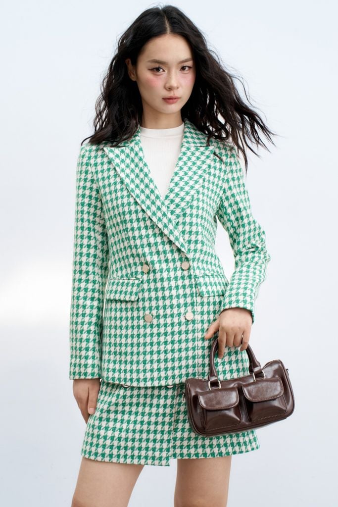 Chân váy A tweed ziczac xanh 4 khuy