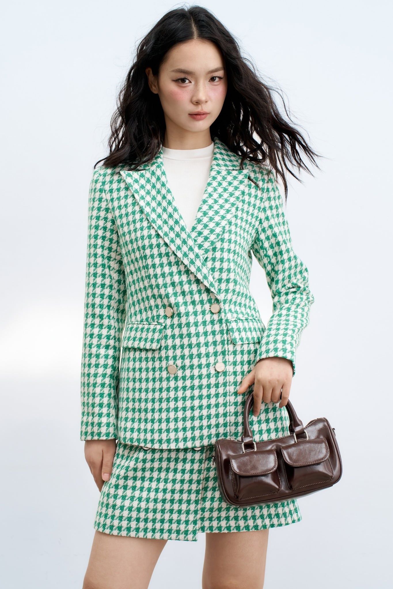 Chân váy A tweed ziczac xanh 4 khuy