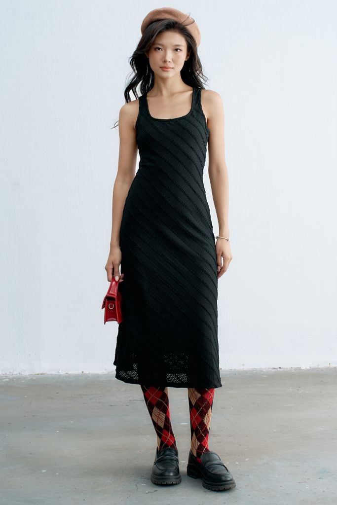 Đầm midi cổ U ren gân đen ( Form nhỏ)