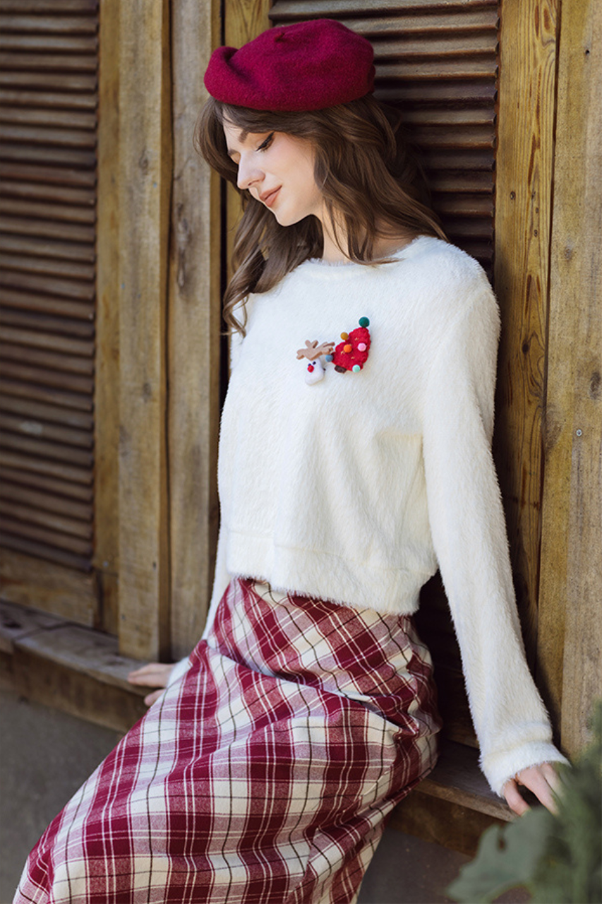 Chân váy midi karo đỏ rua gấu