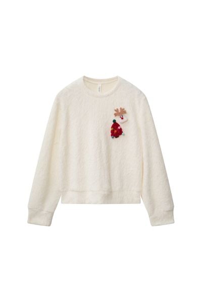 Áo len trắng sợi lông thỏ kèm pin trang trí