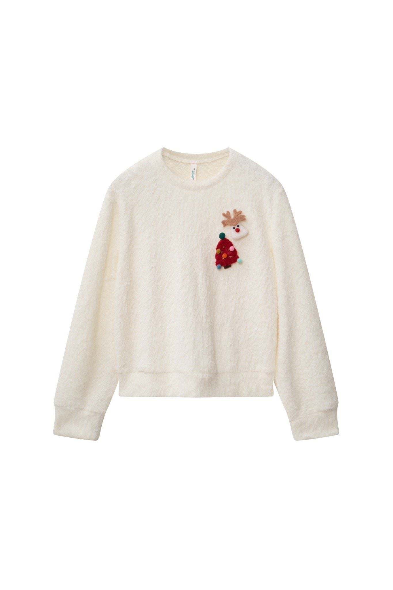 Áo len trắng sợi lông thỏ kèm pin trang trí