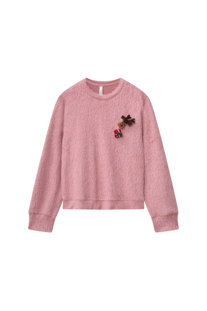 Áo len hồng sợi lông thỏ kèm pin trang trí