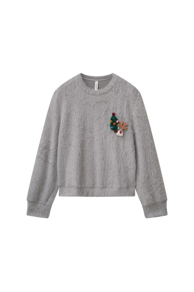 Áo len xám sợi lông thỏ kèm pin trang trí