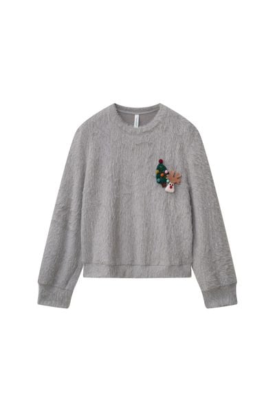 Áo len xám sợi lông thỏ kèm pin trang trí