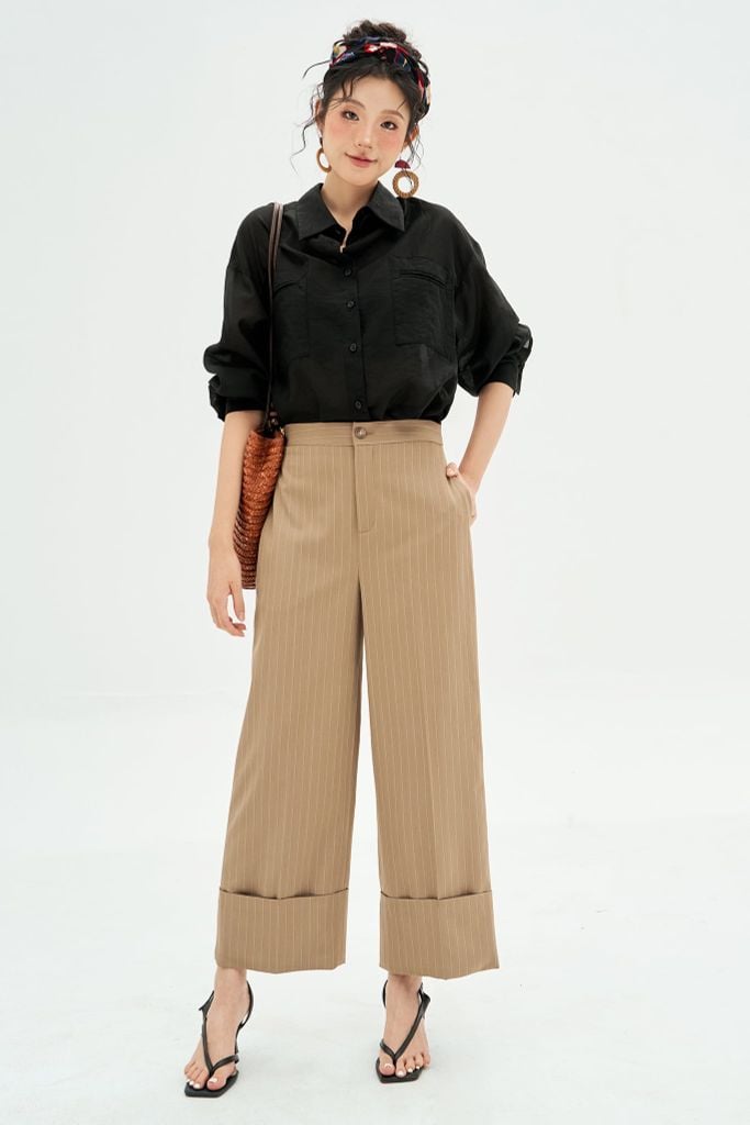 Quần suông lửng sọc cafe gấu lơ vê to