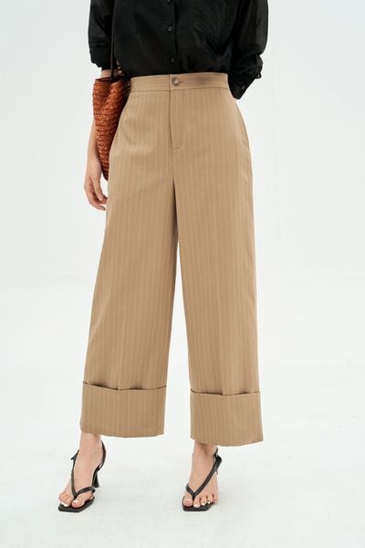 Quần suông lửng sọc cafe gấu lơ vê to