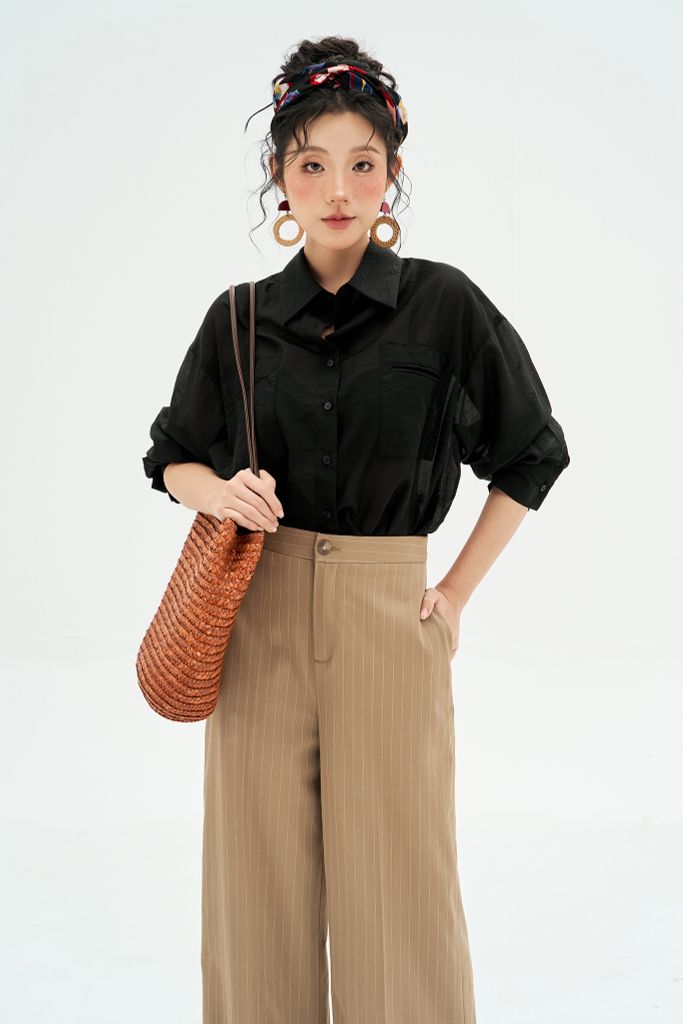 Sơ mi basic tơ đen dáng crop