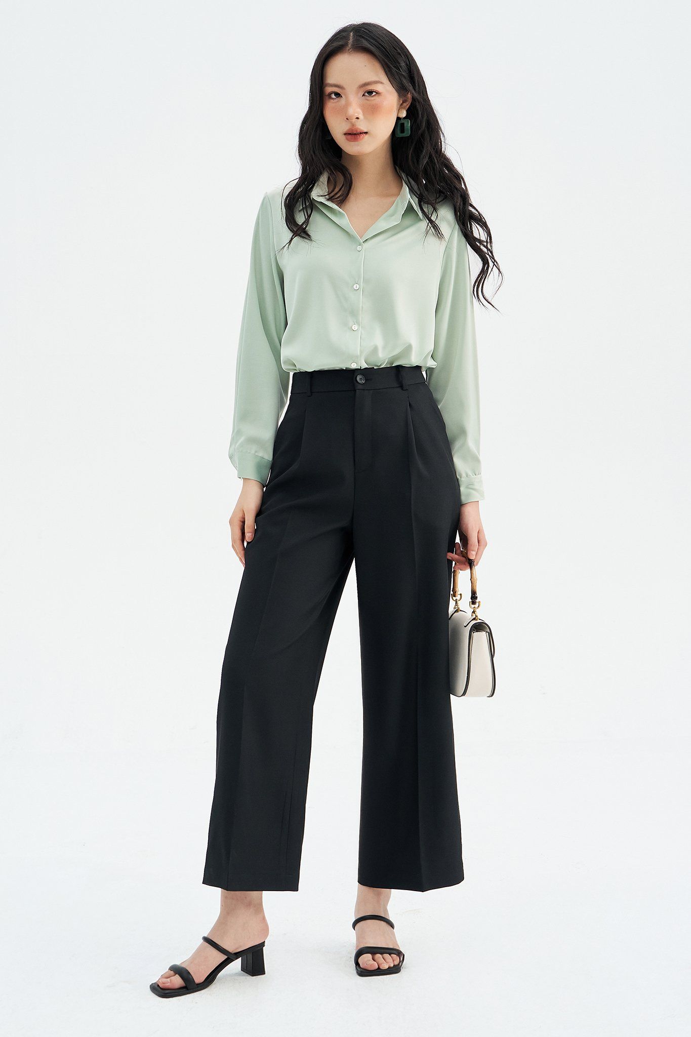 Sơ mi lụa xanh mint basic