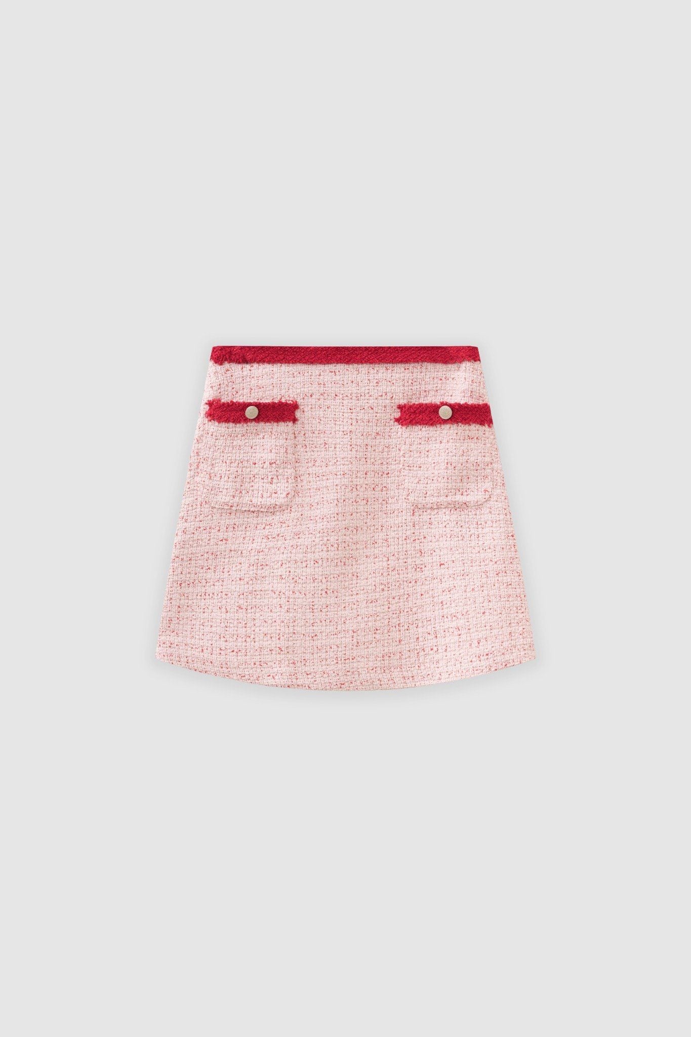 Chân váy mini A tweed hồng nhạt phối dây rua trang trí