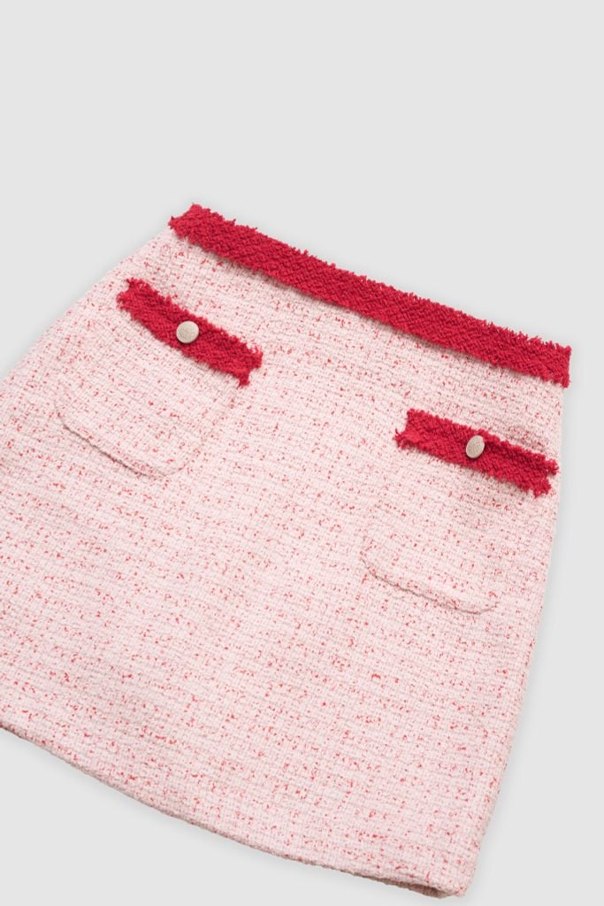Chân váy mini A tweed hồng nhạt phối dây rua trang trí