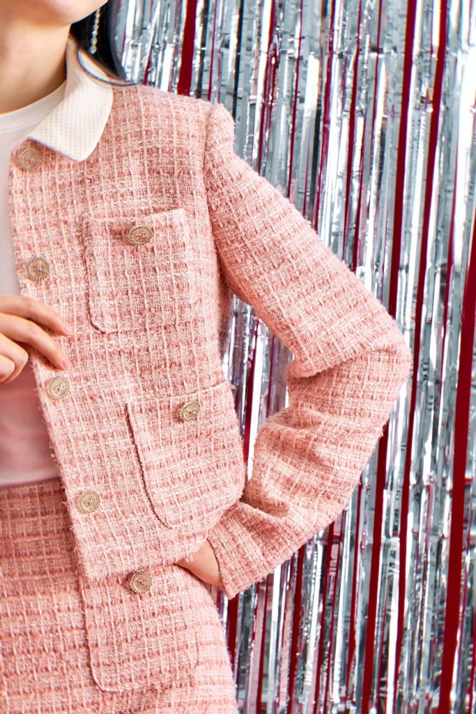 Blazer tweed hồng 4 túi ốp