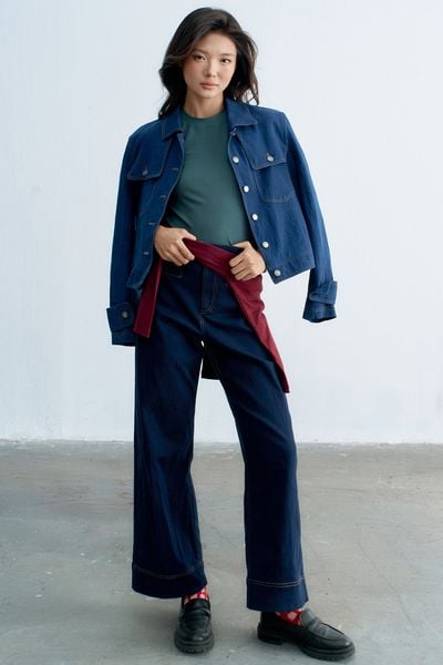 Quần Jeans ống suông túi cơi xanh chàm