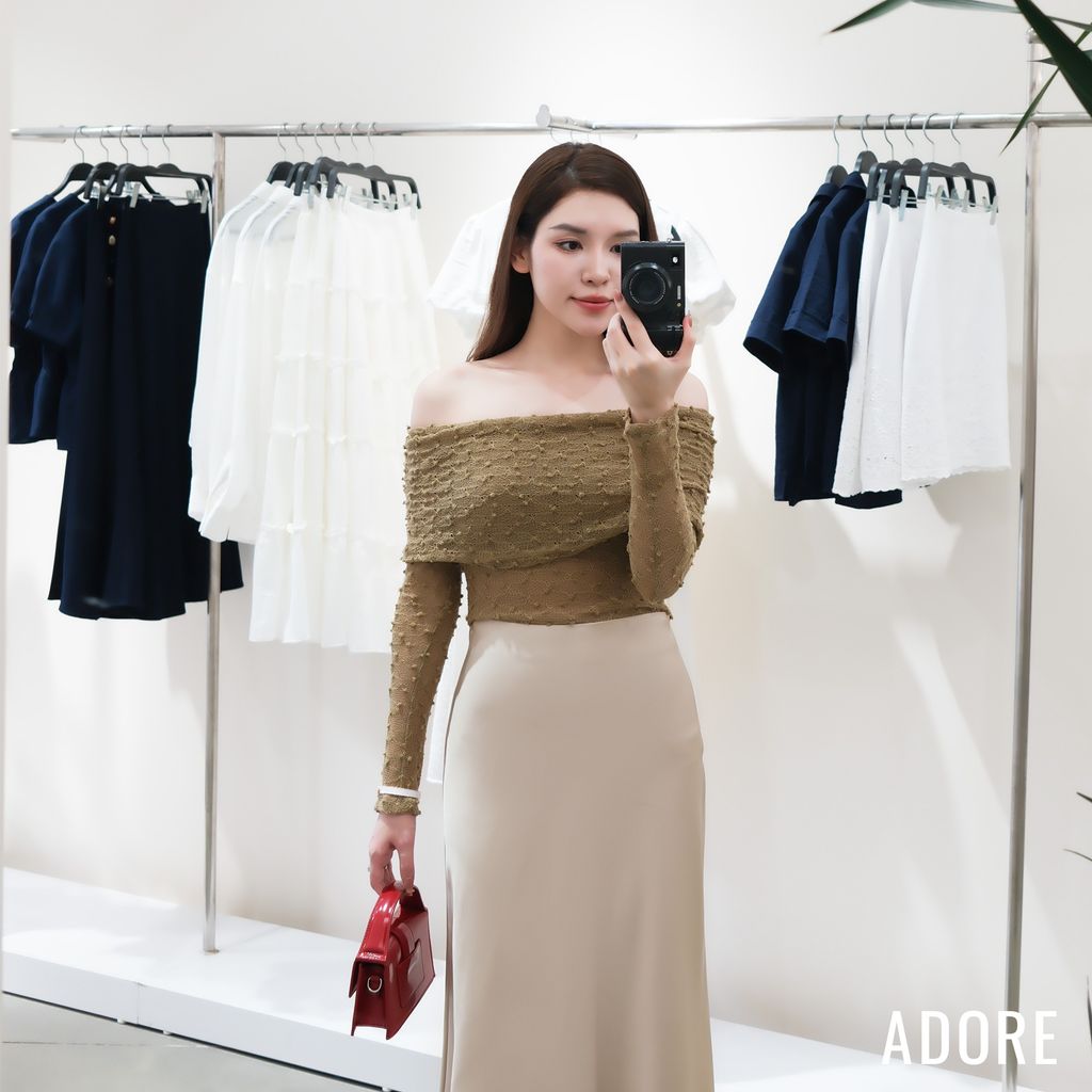 Đầm maxi len lưới nâu be phối lụa tùng