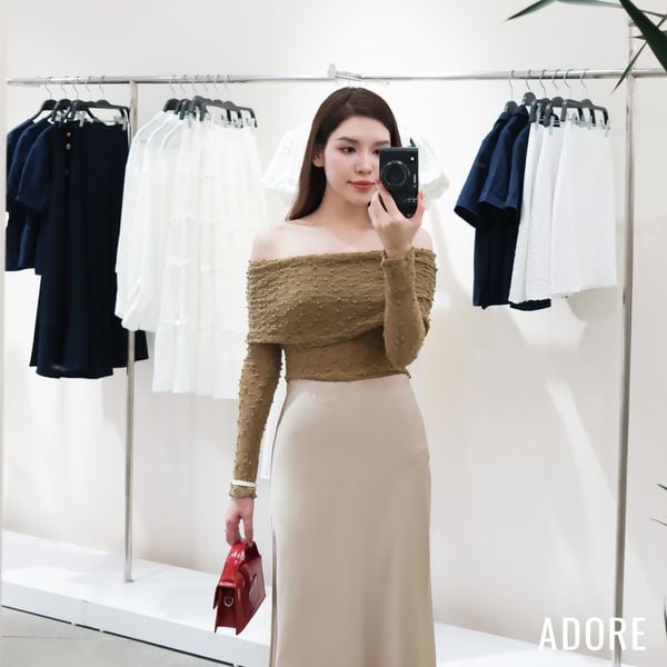 Đầm maxi len lưới nâu be phối lụa tùng