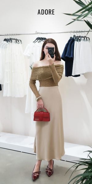 Đầm maxi len lưới nâu be phối lụa tùng